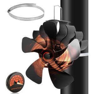 PYBBO Heat Powered Wood Stove Fan, 5 Blades Pipe Fireplace Fan, Silent Operation Motors Thermal Stove Fan for Wood Burning Stove/Pellet/Log/Gas Burner with Magnetic Thermometer