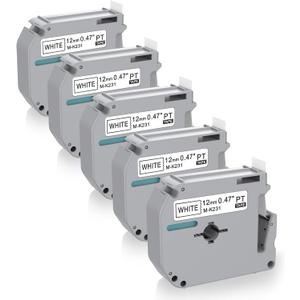 5 x Label Maker Tape Replacement for Brother P Touch M Tape M-K231 M-K231s MK231 MK-231 M231 12mm 0.47 White, Compatible with Brother P Touch PT-M95,PT-90,PT-70,PT-65,PT-85 Label Maker Refills,26.2 Ft