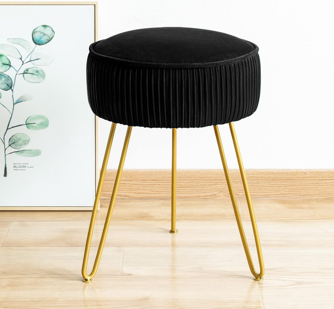 LUE BONA Pleated Vanity Stool, Velvet Upholstered Vanity Stool for Makeup Room, Ottoman Footrest with Metal Legs for Living Room, Bedroom, Black