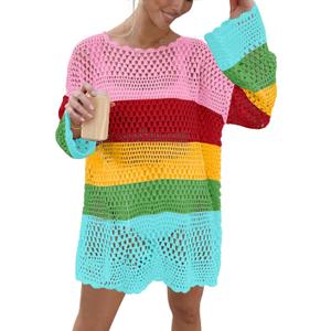 Prinbara Crochet Cover Up for Women Swimsuit Summer Bathing Suit 2025 Swim Hollow Out Bikini Swimwear Mesh Knit Beach Dress Rainbow Stripe Small
