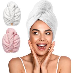YFONG 2 Pack Microfiber Hair Towel Wrap for Women, Super Absorbent Quick Dry Hair Turban for All Hair Style Anti Frizz, Large Hair Drying Towel with Button (White/Pink)