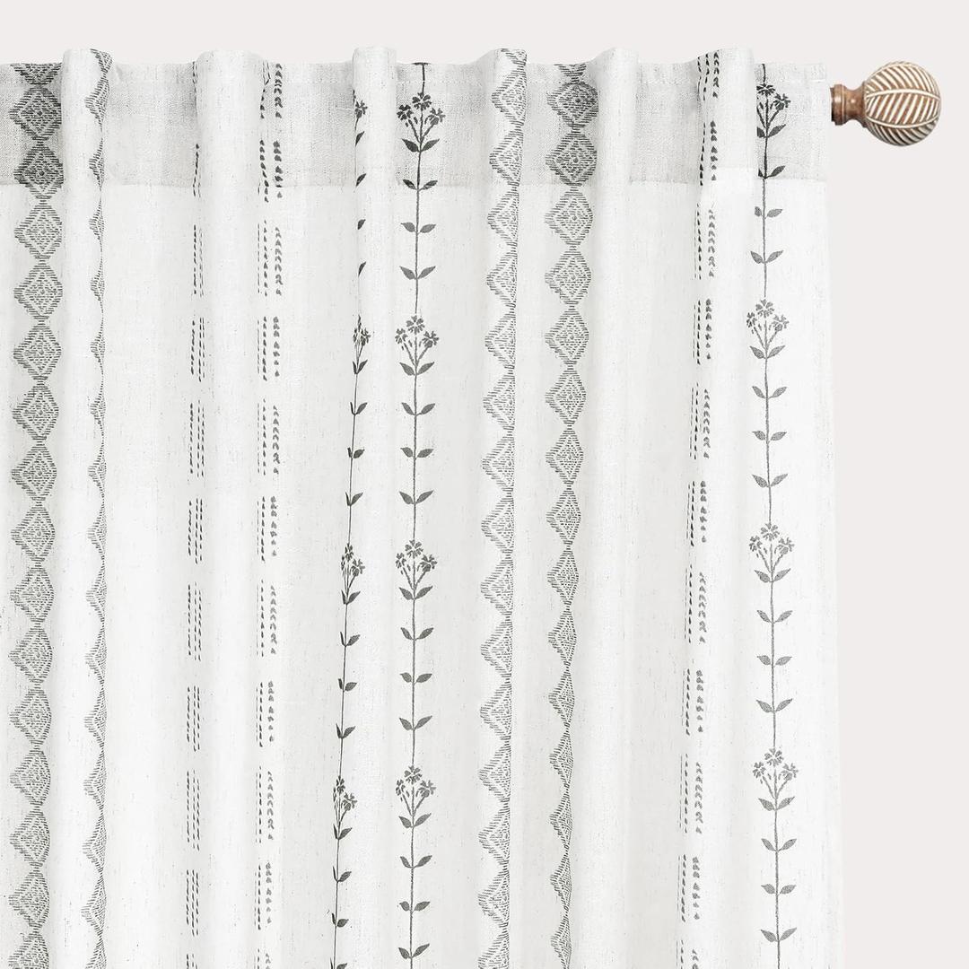 White Sheer Curtains 84 Inches Long for Living Room Bedroom 2 Panels,Boho Black Floral Design Linen Farmhouse Scandinavian Pleated Geometric Curtains