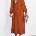 BLENCOT Womens Casual Long Sleeve Tiered V Neck Dress Pleat Ruched Ruffled Dress Solid Color Flowy Swing Midi Long Dresses (Red, S)