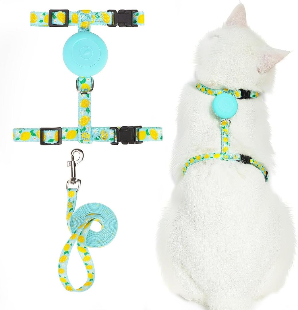 PUPTECK Adjustable Cat Harness and Leash Set Escape Proof Kitten Strap Collar for Walking Travel, Lemon Pattern (Medium, Light Blue(Lemon))