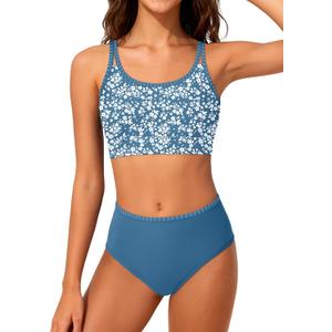 Girls Swimsuit Two Piece Double Straps Sporty Bathing Suit High Waisted Bikini Tropical Floral Swimwear 9-16Y (Blue)