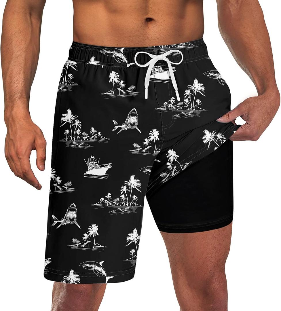 Goodstoworld Mens Swim Trunks with Compression Liner 9'' Inseam Quick Dry Swimsuit Shorts M-3XL (Large, A1 Shark Island)