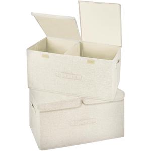 2 Pack Storage Boxes with Lids and Handles, Collapsible Linen Storage Bins Organizer Containers Baskets Cube with Removable Divider for Home Bedroom Closet Office (Cream, Large)