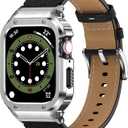SUPLINK Leather Band with Stainless Steel Case for Apple Watch Ultra 3/2/1 & SE 3/2/1 & Series 11 10 9 8 7 6 5 4 3 2 1 49mm 46mm 45mm 44mm 42mm 41mm 40mm 38mm,Rugged Bumper for Men (Black/Silver)