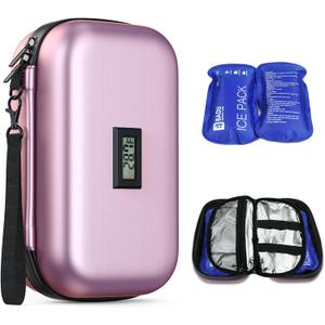 Insulin Cooler Travel Case with Temp Display, 2 x 180g TSA Approved Ice Packs, 9-Layer Insulation for Improved Cooling, Insulin Pen Case, Waterproof, for Daily Use and Trips (Pink)