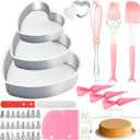 40 Pcs Heart Shaped Cake Pan Baking Set,4/6/8 Inch Nonstick Cake Mold Piping Bags Tips Leveler Icing Spatula Scrapers Pink Mermaid Baking Supplies for Mother's Day Weddings Birthday Party