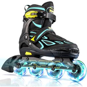 2PM SPORTS Vinal Girls Adjustable Flashing Inline Skates, All Wheels Light Up, Fun Illuminating Skates for Kids Men Adult Women and Boys (Medium - Big Kid (1-4 US), Cyan & Yellow)