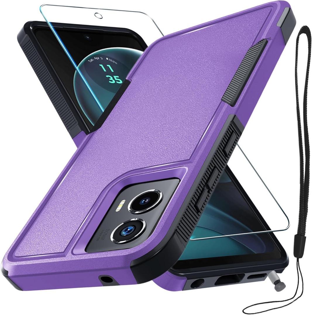 RMOCR Case Compatible with Moto G Stylus 5G 2024, Full Body Heavy Duty Rugged Shockproof Protective Phone Cover with Lanyard Strap, Tempered Glass Screen Protector, Lavender