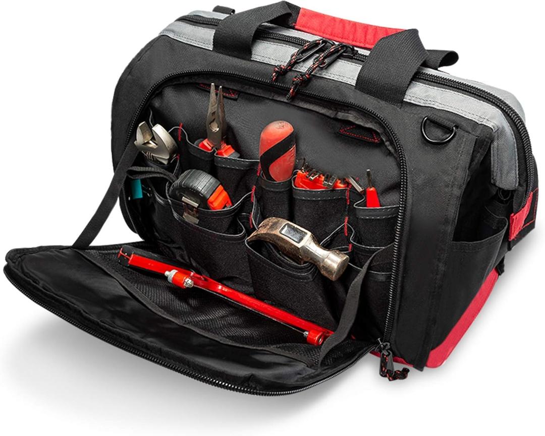 Waterproof Tool Bags for Men or Women, 16-inch Wide Mouth Tool Tote Bag with 25 Pockets for Tool Organizer & Storage, with Adjustable Shoulder Strap (Black/Red)