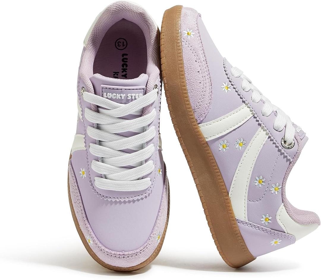 LUCKY STEP Kids Classic Retro Tennis Sneakers | Fashion Gum Sole Casual Floral Embroidery Walking Shoes for Big&Little Kid and Toddler (Purple), Size US 2