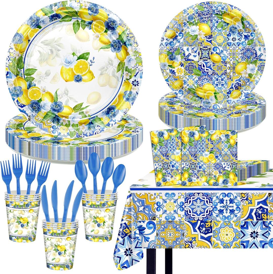 169 Pcs Capri Lemon Party Decorations Amalfi Coast Lemon Party Supplies Serve 24 Summer Mediterranean Tableware Set Lemon Plates Napkins Tablecloth for Birthday Bridal Shower