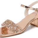 kkdom Women's Open Toe Ankle Strap Fashion Glitter Rhinestone Sandals Low Block Chunky Heels Pumps Wedding Party Dress Shoes (Yellow, M) 8.5