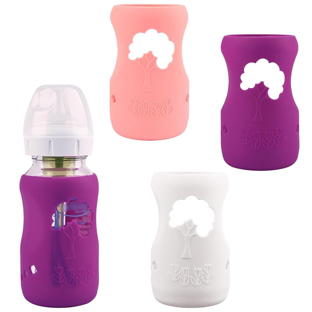 3 Pack Silicone Sleeves for Dr. Brown's Natural Glass Baby Bottles, Anti Breakage Baby Bottle Holder, Compatible Dr. Brown Wide-Neck Glass Baby Bottles 9 oz (White+Pink+Purple)