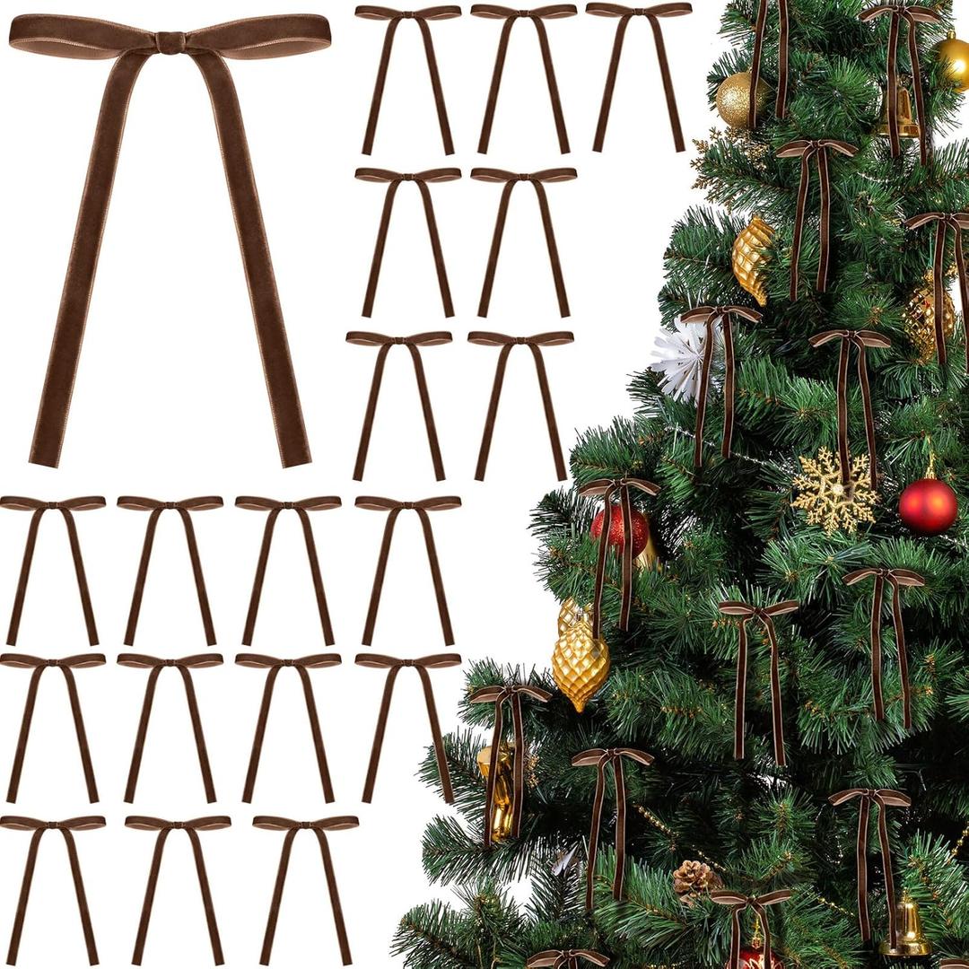 Glitinsel Brown 24 Pcs Velvet Bows Christmas Tree Ornaments Valentines Day Bows Decoration for Garland Home Coquette Wedding Decor (5 x 7 Inch,Width of 3/8")