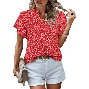LOOKBOHO Womens Tops Dressy Casual Trendy Business Work Blouses Short Sleeve Ruffled V-Neck Tshirts (Large, Red Floral)