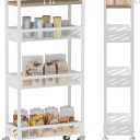 DGSNADGO Slim Storage Cart on Wheels, 4-Tier Kitchen Cart, Narrow Utility Cart with Handle and Wooden Tray for Small Spaces in Kitchen, Living Room, Room
