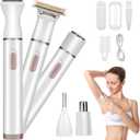 Ladies Body Hair Groomer,Women's Electric 5 in 1 Dry & Wet Cordless Waterproof Facial Removal Painless Gentle Grooming Bikini Trimmers for Female White (White 3004)