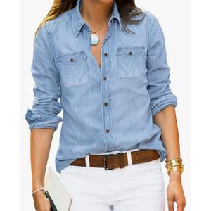 luvamia Denim Shirt Women Chambray Jean Western Shirts Long Sleeve Button Down Tops, L