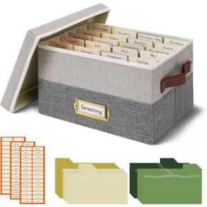 Vienrose Greeting Card Organizer Box with 20 Removable Dividers, 84 Labels, Large Foldable Storage Box for Photos, Postcards, Stickers & Keepsakes, Portable Linen Organizer, Light Grey&Dark Grey