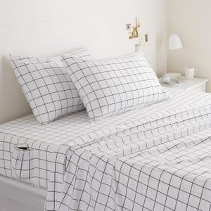Amazon Basics Soft Microfiber 4-Piece Bed Sheet Set with Elastic Side Pockets for Storage, Full, Black Grid, Geometric