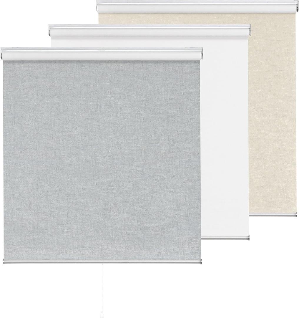 ChrisDowa Cordless 100% Blackout Roller Shade, with Striped Jacquard, Thermal Insulated, UV Protection Fabric, Total Blackout Blinds for Window, French Doors, Home and Office. Light Grey, 36"W x 72"H
