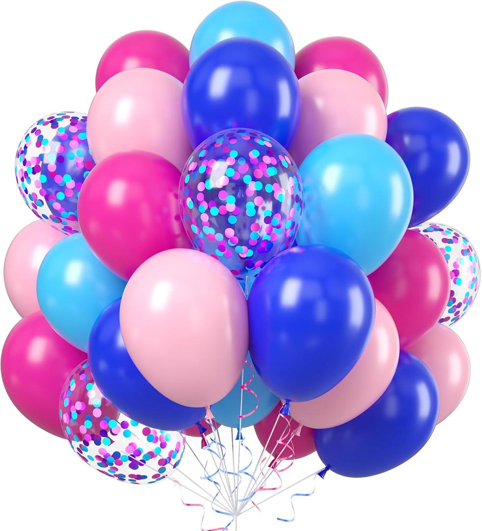 2 x Pink and Blue Balloons, 60pcs 12 Inch Royal Light Blue Hot Pink Confetti Birthday Balloons for Girl Fun Theme Birthday Beach Party Supplies Baby Shower Party Decorations