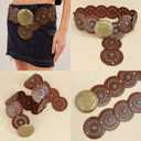 Wide Disc Belt for Women - PU Leather Hollow Out Round Belts Vintage Western Cowboy Cowgirl Waist Belt, Dark Brown, For 31"-34" Waist