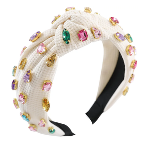 Jeweled Knotted Headband for Women Girls Sparkly Crystal Rhinestone Headband Wide Top Knot Women's Embellished Hairband Hair Accessories Beige