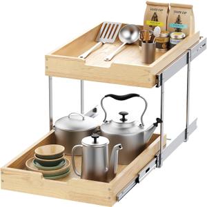 Sikarou Wood Pull Out Cabinet Organizer 2 Tie 11" W x 21" D for 12" Cabinet Opening, Heavy-Duty Sliding Drawers for Inside Cabinets Storage and Organization for Kitchen, Pantry, Bathroom