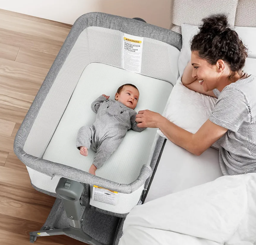 3-in-1 Baby Bassinet, Bedside Bassinet Sleeper, Rocking Bassinet with Comfy Mattress&Breathable Mesh, 6-Height Adjustable, Quiet Moveable & Easy-Assembly Grey Crib, 0-5 Months Baby