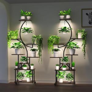 Plant Stand Indoor with Grow Lights, Indoor Plant Stand with Wheels, 8 Tiered Plant Shelf Indoor, Tall Plant Stands Indoor with Pulley for Living Room, 2PCS