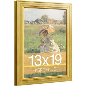 13x19 Wood Picture Frame, HD Real Glass 13x19 Ornate Natural Wooden Vintage Photo Frame, 13 by 19 Painting Poster Frame with Gold Border and Distressed Rust-Like Finish for Art, Tabletop or Wall Decor (1 Pack）
