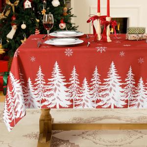Softalker Christmas Tablecloth Rectangle 52x70 Inch, Winter Xmas Trees Red Table Cloth, Stain Resistant Farmhouse Fabric Table Cover for Holiday, Dinner, Party