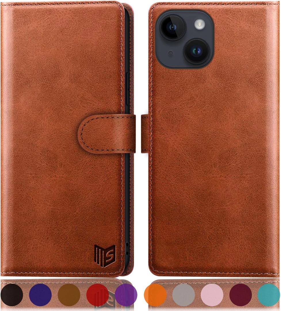 SUANPOT Design for iPhone 15 Plus 6.7" Kickstand Protective Wallet case with RFID Credit Card Holder,Flip Folio Book PU Leather Shockproof Cover Women Men for Apple 15Plus Phone case Light Brown