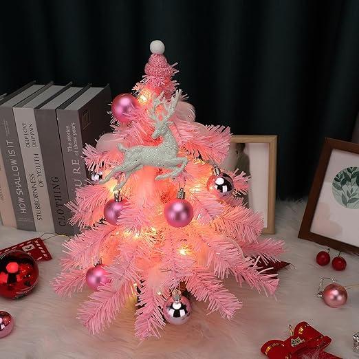 Tabletop Christmas Tree, Pink Feathers Christmas Tree, 17.7in Mini Christmas Tree with Lights, Artificial Pink Tree for Holiday Christmas Home (Artificial Pine Tree)