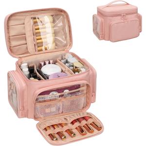 Large Makeup Bag, Portable Travel Makeup Bag Organizer for Women Girls with Makeup Brush Compartment & Two Side Pockets, Cosmetic Travel Bag Vertical Storage Toiletry - Pink (MEDIUM)