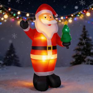 8FT Santa Claus Holding Christmas Tree Inflatable Outdoor Decor LED Christmas Inflatables with Blow Up Santa Yard Outdoor Christmas Decorations for Yard Holiday Display