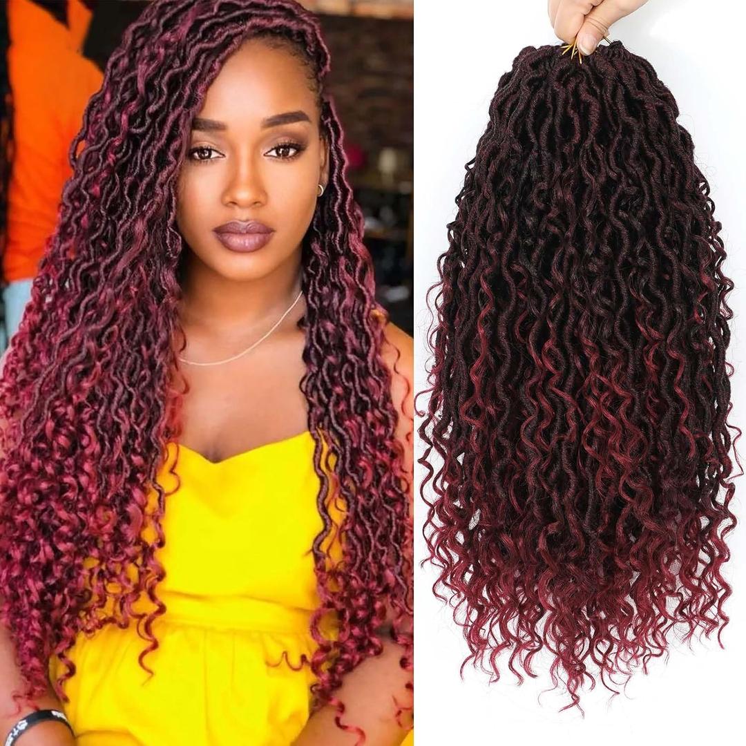18 Inch 8 Packs Goddess Locs Crochet Hair Ombre Burgundy Faux Locs Crochet Hair for Women Pre Looped River Locs Hair with Curly Ends Synthetic (#TBUG) 18 Inch 8 Packs Goddess Locs Crochet Hair Ombre Burgundy Faux Locs Crochet Hair for Women Pre Looped River Locs Hair with Curly Ends Synthetic (#TBUG)
