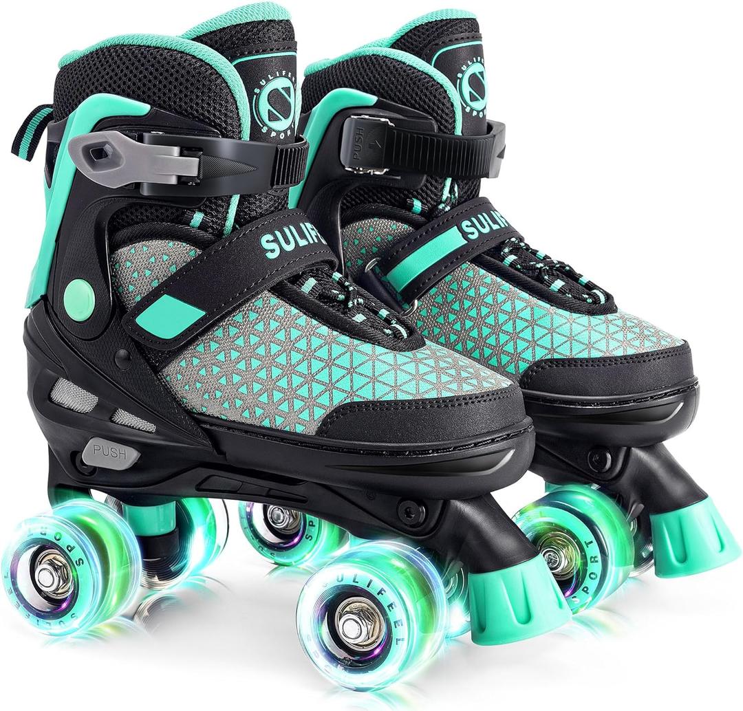 SULIFEEL Roller Skates for Girls Boys Kids,4 Sizes Adjustable Quad Skates with Light up Wheels,Safe Fun Children Skates, Best Gift for Beginners Indoor Outdoor Sports (Medium - Big Kid, Mint Green)