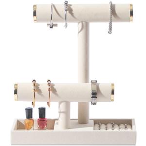 ByKen Multi-Functional 2 Tier Jewelry Holder,Necklace Bracelet Holder with Earrings Rings Tray,Jewelry Organizer Stand for Scrunchie Watches (Beige&Gold)
