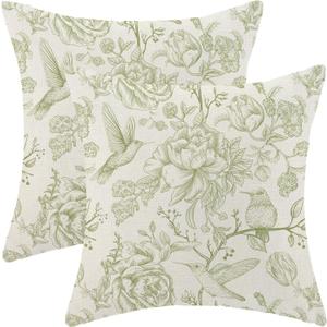 Sage Green Pillow Covers 18x18 Set of 2 Chinoiserie Light Green Bird Floral Throw Pillows Outdoor Decorative Vintage Hummingbird Flower Pillowcase Linen Cushion Cases for Bed Sofa Couch