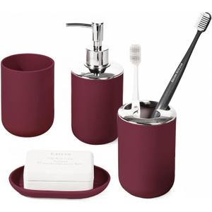Bathroom Accessory Set, 4 Pcs Plastic Bathroom Set Include Soap Dispenser, Soap Dish, Toothbrush Holder, Mousewash Cup, Modern Bahtroom Dcor Set, Space Save for Bathroom(Burgundy)
