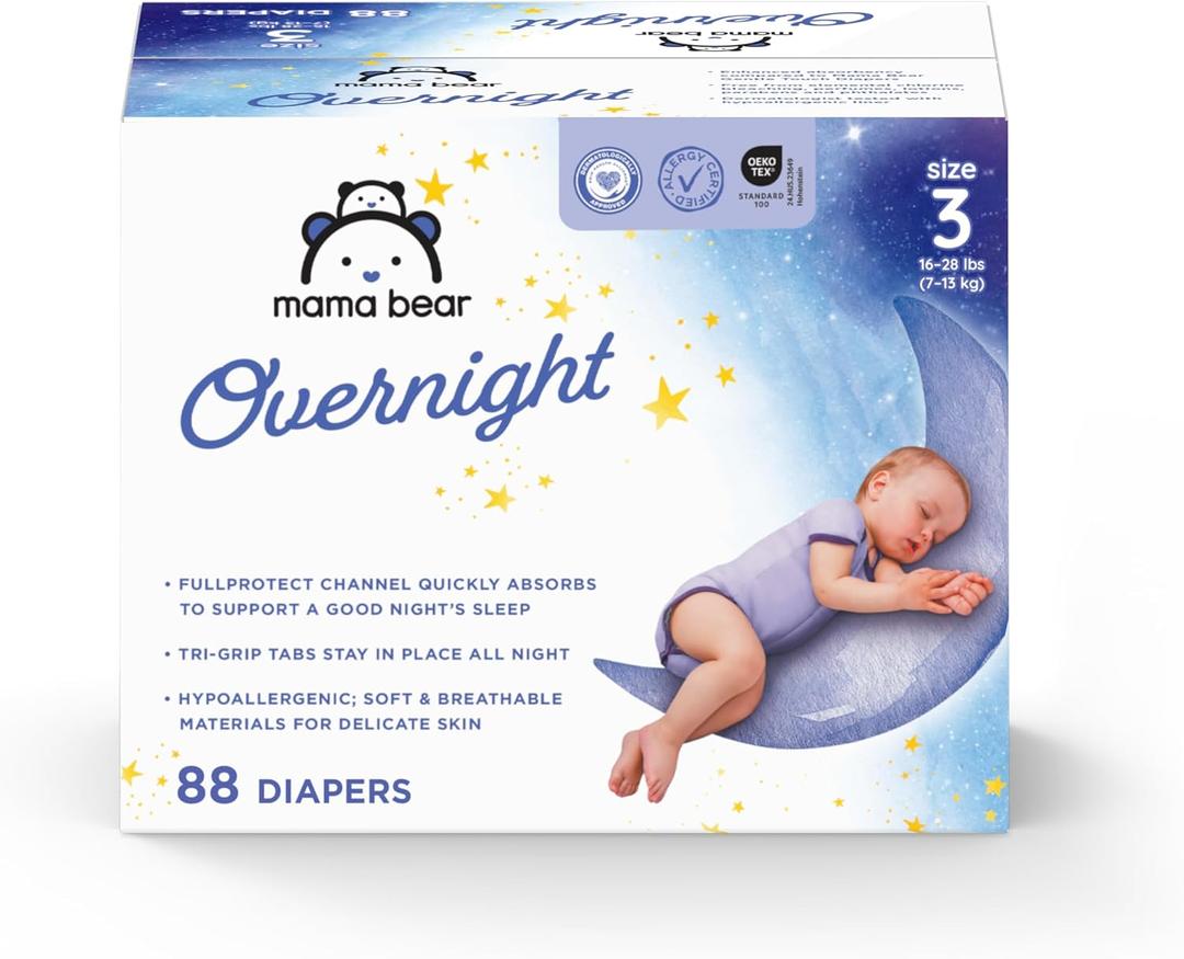 Amazon Brand - Mama Bear Overnight Baby Diapers with Leak Protection, Fragrance-Free, Size 3, 88 Count