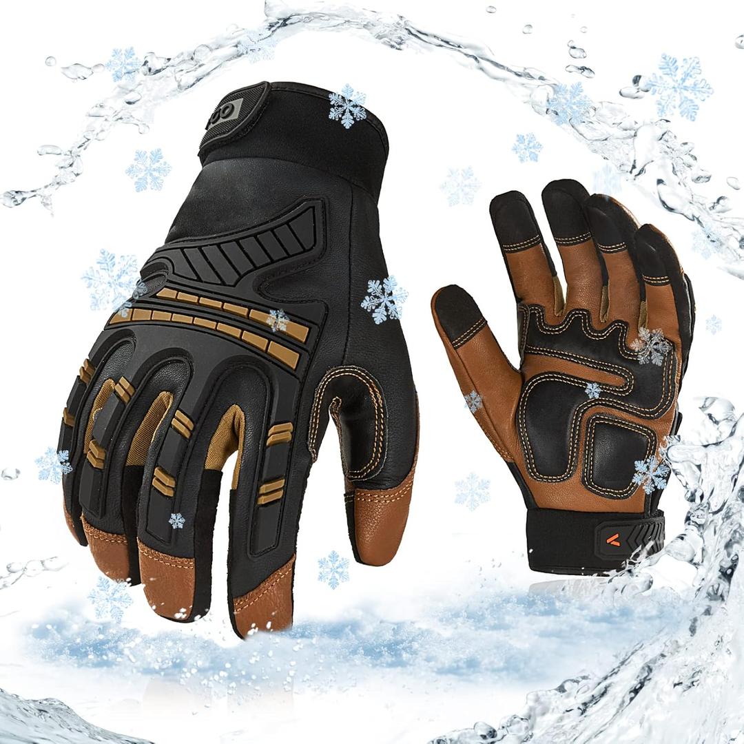 Vgo... 1-Pair -4 or above Winter Waterproof High Dexterity Heavy Duty Mechanic Glove, Rigger Glove, Anti-vibration, Anti-abrasion, Touchscreen (Size XXL, Brown, GA8954FW)