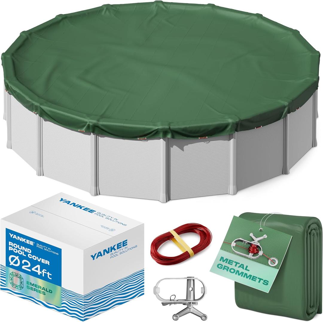 Yankee Emerald Series Pool Covers for Above Ground Pools | Round 24 ft Swimming Pool Cover w/Steel-Core Cable, Winch for Winterization | 9 mil Medium-Thickness for Off-Season, On-Season Protection