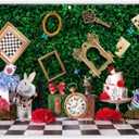 8x6ft Fabric Wonderland Enchanted Tea Party Photography Backdrop Kids Fairy Tale Green Grass Birthday Background Checkerboard Rabbit Photo Tapestry Props